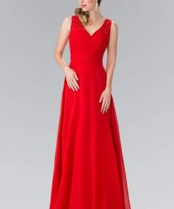 Elizabeth K - GL2363 Lace Embellished Pleated V-Neck Dress 25 Elizabeth K - GL2363 Lace Embellished Pleated V-Neck Dress