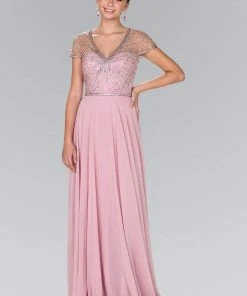 Formal Gowns Elizabeth K - GL2405 Beaded V-neck Sheath Dress