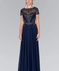 Elizabeth K - GL2406 Short Sleeve Illusion Lace Ornate Chiffon Gown Formal Gowns