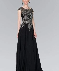 Elizabeth K - GL2407 Cap Sleeve Gilt Embroidered Bodice Gown Formal Gowns