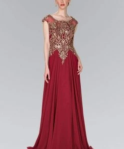 Elizabeth K - GL2407 Cap Sleeve Gilt Embroidered Bodice Gown Formal Gowns