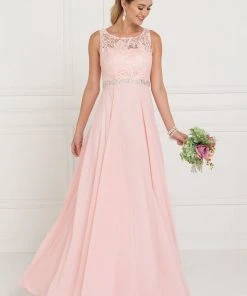 Formal Gowns Elizabeth K - GL2420 Jeweled Waist Lace A-Line Gown