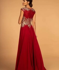 Elizabeth K - GL2519 Lace Embroidered Bateau Chiffon A-line Dress