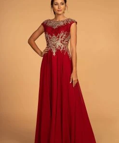 Elizabeth K - GL2519 Lace Embroidered Bateau Chiffon A-line Dress