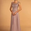 Elizabeth K - GL2523 Embellished Illusion Scoop Chiffon A-line Dress