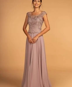 Elizabeth K - GL2523 Embellished Illusion Scoop Chiffon A-line Dress