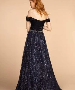 Elizabeth K - GL2530 Embellished Pleated Off-Shoulder A-line Dress Formal Gowns