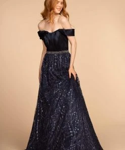 Elizabeth K - GL2530 Embellished Pleated Off-Shoulder A-line Dress Formal Gowns