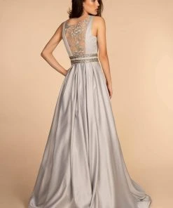 Elizabeth K - GL2531 Sleeveless Sheer Lace Applique Back Satin Gown Formal Gowns 16 Elizabeth K - GL2531 Sleeveless Sheer Lace Applique Back Satin Gown Formal Gowns