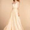 Elizabeth K - GL2531 Sleeveless Sheer Lace Applique Back Satin Gown Formal Gowns