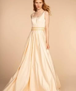 Elizabeth K - GL2531 Sleeveless Sheer Lace Applique Back Satin Gown Formal Gowns