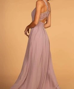 Elizabeth K - GL2605 Lace Halter Chiffon A-line Dress Formal Gowns