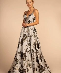 Formal Gowns Elizabeth K - GL2657 Floral Print Deep V-neck A-line Dress