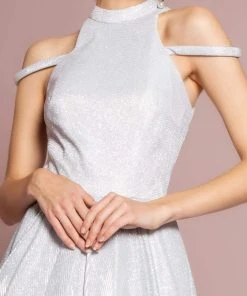 Elizabeth K - GL2664 Glitter Crepe High Neck A-line Dress