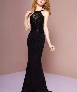 Formal Gowns Elizabeth K - GL2695 Embellished Halter Trumpet Dress With Train