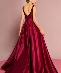 Formal Gowns Elizabeth K - GL2705 Embellished Deep V-neck Satin A-line Dress