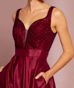 Formal Gowns Elizabeth K - GL2705 Embellished Deep V-neck Satin A-line Dress