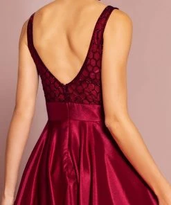 Formal Gowns Elizabeth K - GL2705 Embellished Deep V-neck Satin A-line Dress