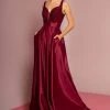 Formal Gowns Elizabeth K - GL2705 Embellished Deep V-neck Satin A-line Dress