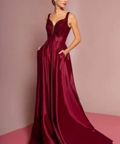 Formal Gowns Elizabeth K - GL2705 Embellished Deep V-neck Satin A-line Dress