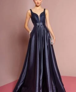 Formal Gowns Elizabeth K - GL2705 Embellished Deep V-neck Satin A-line Dress