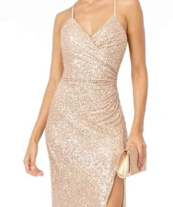 Elizabeth K - GL2918 Sequined Plunging V-neck Sheath Dress Formal Gowns 16 Elizabeth K - GL2918 Sequined Plunging V-neck Sheath Dress Formal Gowns