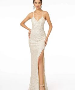 Elizabeth K - GL2918 Sequined Plunging V-neck Sheath Dress Formal Gowns 12 Elizabeth K - GL2918 Sequined Plunging V-neck Sheath Dress Formal Gowns