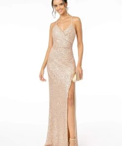 Elizabeth K - GL2918 Sequined Plunging V-neck Sheath Dress Formal Gowns 14 Elizabeth K - GL2918 Sequined Plunging V-neck Sheath Dress Formal Gowns