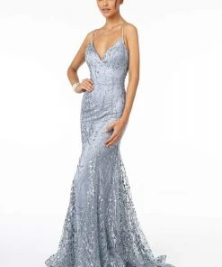 Elizabeth K - GL2965 Glitter Mesh Sleeveless Deep V-Neck Mermaid Dress Formal Gowns