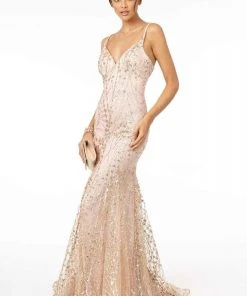 Elizabeth K - GL2965 Glitter Mesh Sleeveless Deep V-Neck Mermaid Dress Formal Gowns