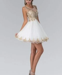 Elizabeth K - Gold Lace Accent Top Tulle Short Dress GS1334 12 Elizabeth K - Gold Lace Accent Top Tulle Short Dress GS1334