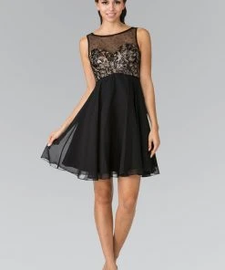 Elizabeth K - GS1433 Bead And Sequin Embellished Bodice Short Dress