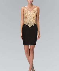 Elizabeth K - GS1463 V-Neck Embellished Sheath Cocktail Dress Cocktail Dresses