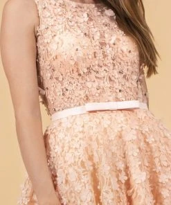 Elizabeth K - GS1604 Dimensional Floral Appliqued Lace Cocktail Dress Cocktail Dresses