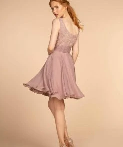 Cocktail Dresses Elizabeth K - GS1612 Embroidered Pleated Waist Cocktail Dress