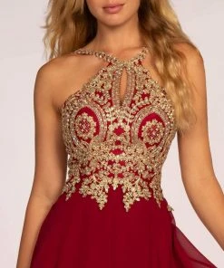 Cocktail Dresses Elizabeth K - GS1615 Gilt-Embroidered High Halter Chiffon Dress