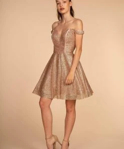 Elizabeth K - GS1626 Off-Shoulder Glitter A-Line Cocktail Dress Cocktail Dresses