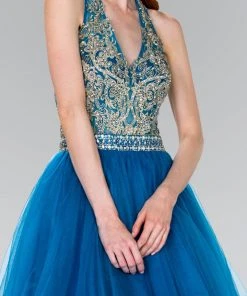 Cocktail Dresses Elizabeth K - GS2382 Gold Applique Halter V-neck Tulle A-line Dress