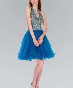 Cocktail Dresses Elizabeth K - GS2382 Gold Applique Halter V-neck Tulle A-line Dress