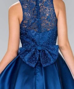 Elizabeth K - GS2383 Lace Jewel Neck Mikado A-line Dress Cocktail Dresses