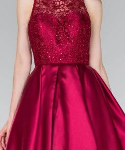 Elizabeth K - GS2383 Lace Jewel Neck Mikado A-line Dress Cocktail Dresses