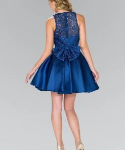 Elizabeth K - GS2383 Lace Jewel Neck Mikado A-line Dress Cocktail Dresses