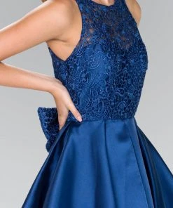 Elizabeth K - GS2383 Lace Jewel Neck Mikado A-line Dress Cocktail Dresses