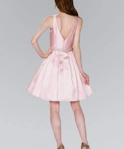 Cocktail Dresses Elizabeth K - GS2384 Plunging V-Neck Bejeweled Mikado Dress