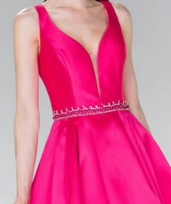 Cocktail Dresses Elizabeth K - GS2384 Plunging V-Neck Bejeweled Mikado Dress