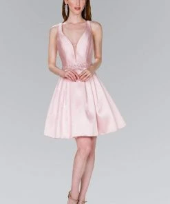 Cocktail Dresses Elizabeth K - GS2384 Plunging V-Neck Bejeweled Mikado Dress