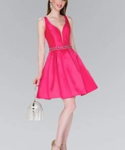 Cocktail Dresses Elizabeth K - GS2384 Plunging V-Neck Bejeweled Mikado Dress