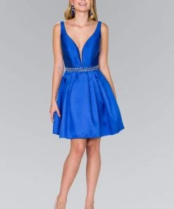 Cocktail Dresses Elizabeth K - GS2384 Plunging V-Neck Bejeweled Mikado Dress