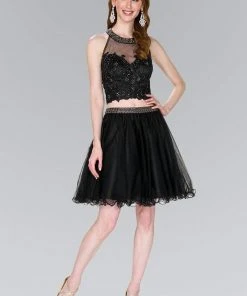 Elizabeth K - GS2398 Two Piece Applique Halter Tulle A-line Dress