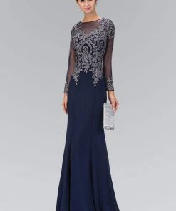 Elizabeth K Illusion Long Sleeve Metallic Lace Gown - 1 Pc Navy In Size L Available